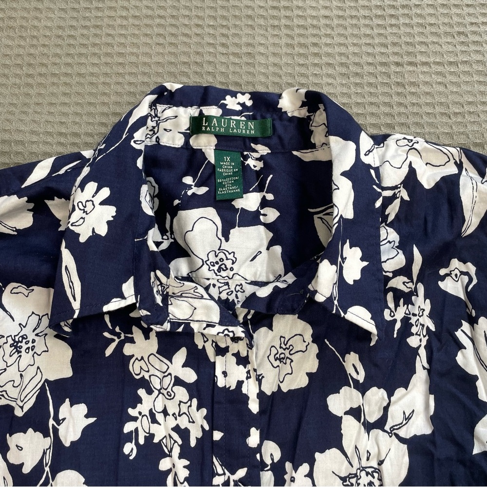 Lauren Ralph Lauren Floral Button Up Shirt Blouse 1X Navy Blue White 3/4 Sleeve